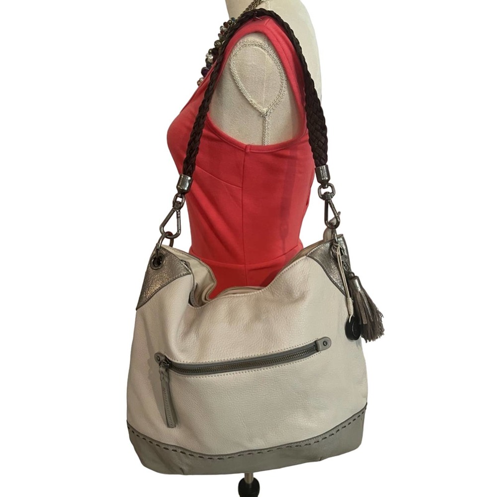 THE SAK LARGE CREAM & GOLD PEBBLE LEATHER BRAIDED SHOULDER STRAP BAG EUC